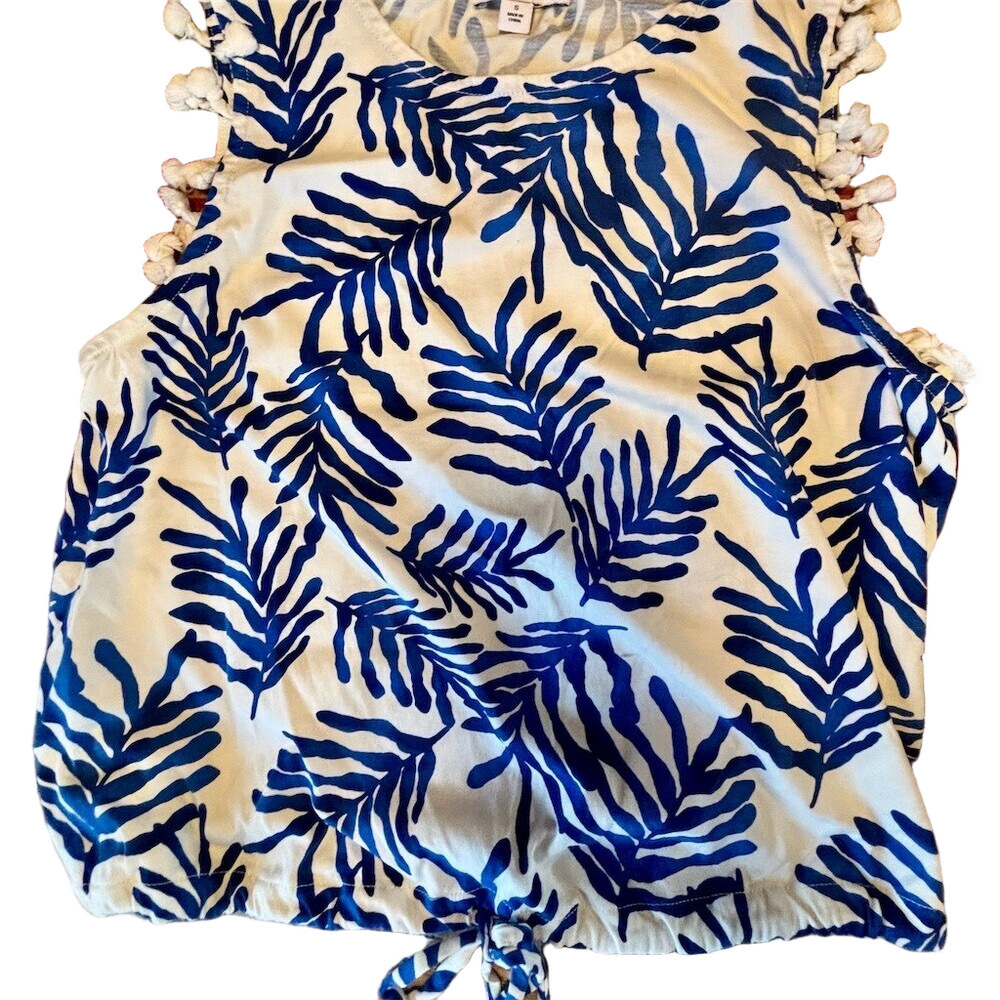Marc New York Tank Top Womens Size S Blue White Tropical Leaf Pom Pom Trim